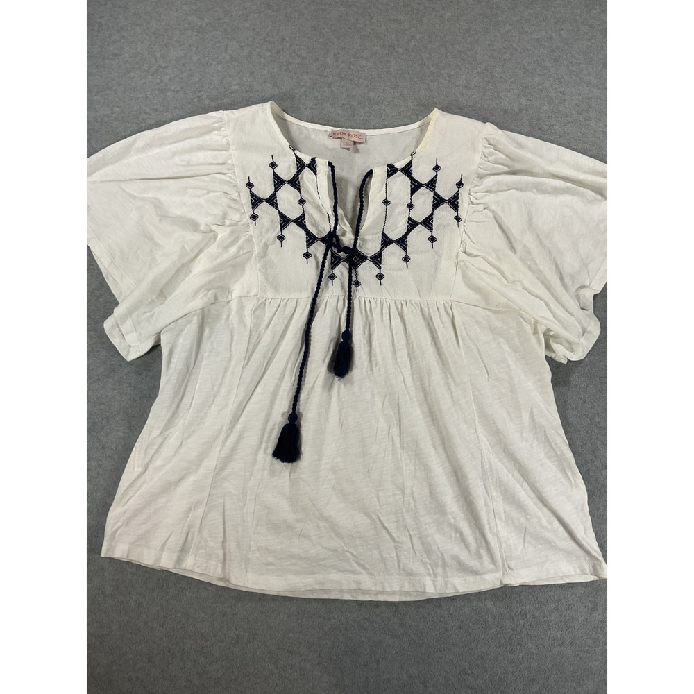 Knox Rose White Embroidered Boho Tassel Blouse Butterfly Sleeve Medium 2826